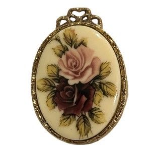 Vtg Brooch Blushed Burgundy Rose Simulated Porcelain Encased In Faux Gold Pin 2”